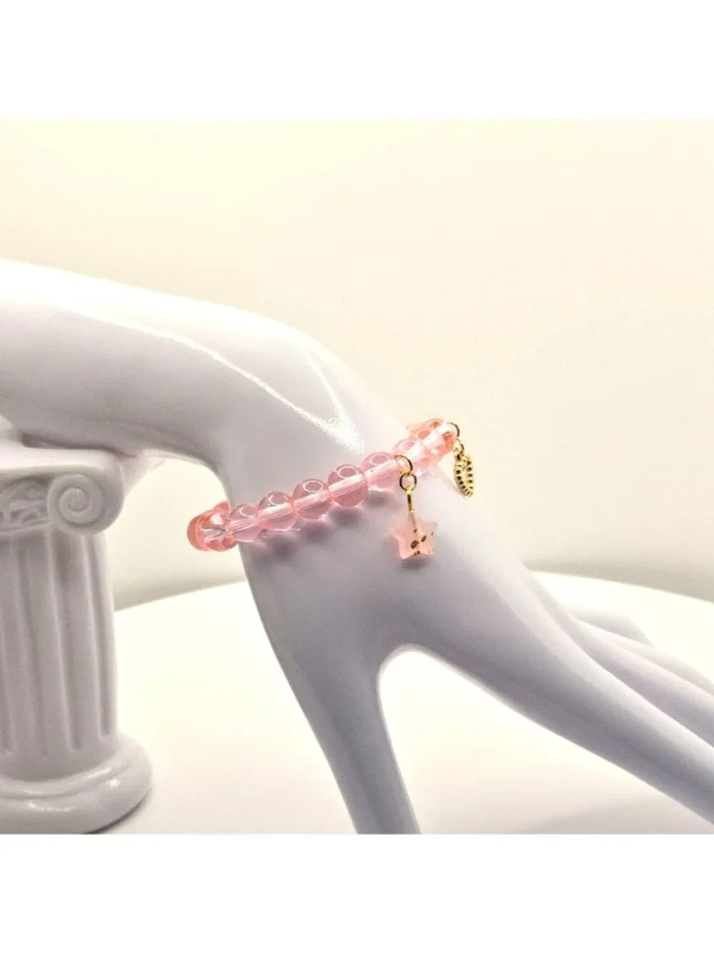 Pink Heart Bracelet, Cute Beaded Bracelet, Feminine Stretch Bracelet, Romantic J